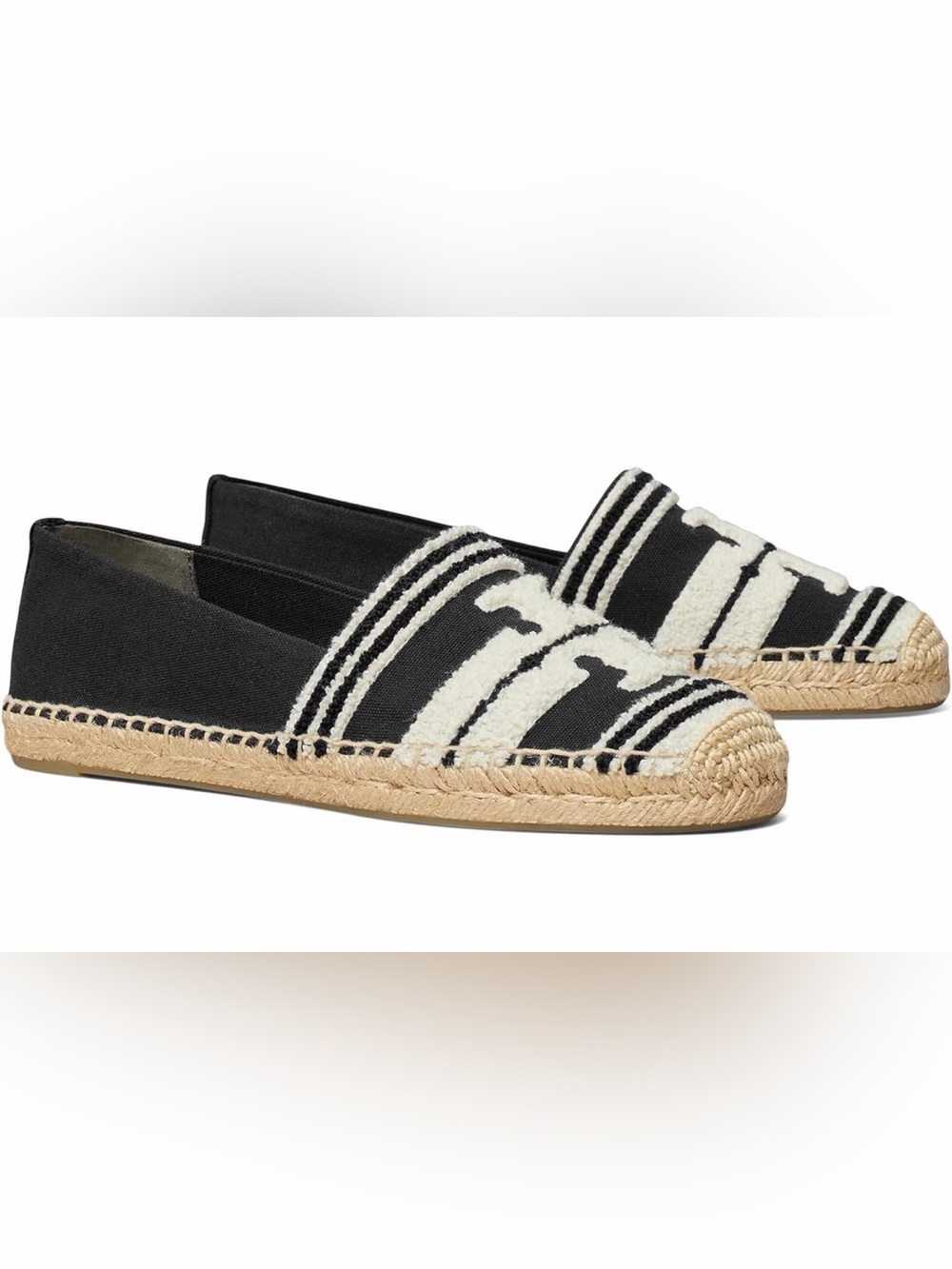 Tory Burch Black and Cream Striped Espadrille Flats with Logo Accent
